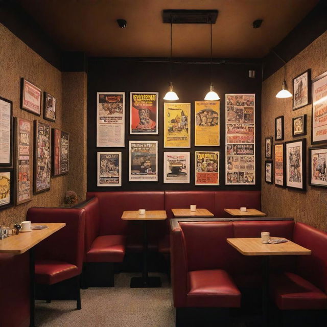 A coffee shop interior designed with inspiration from Quentin Tarantino movies, enhanced with numerous 80s themed posters and furnished to evoke a cozy atmosphere.