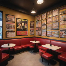 A coffee shop interior designed with inspiration from Quentin Tarantino movies, enhanced with numerous 80s themed posters and furnished to evoke a cozy atmosphere.