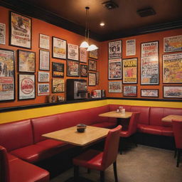 A coffee shop interior designed with inspiration from Quentin Tarantino movies, enhanced with numerous 80s themed posters and furnished to evoke a cozy atmosphere.