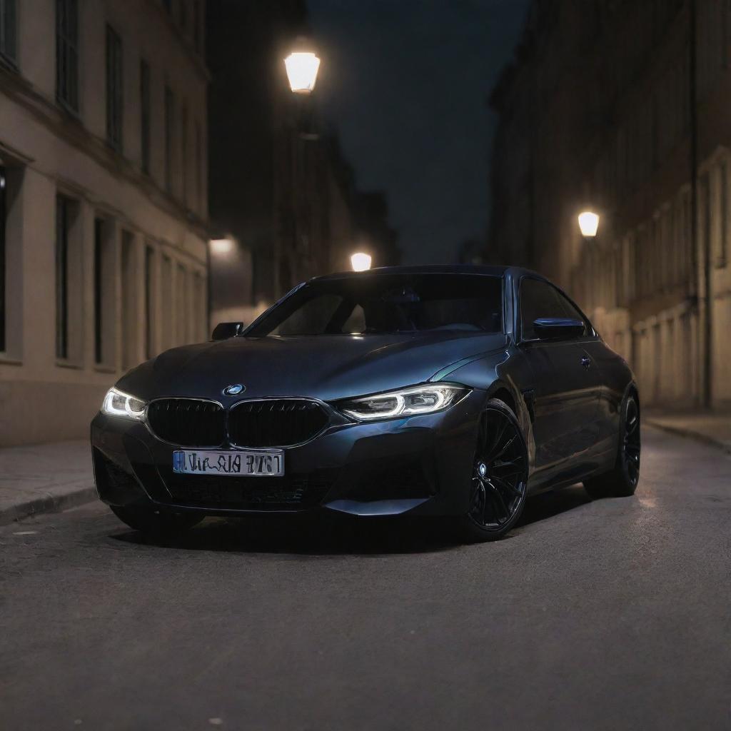 A sleek BMW in the sophisticated color of Dark Ormon, parked on an empty city street under the soft glow of street lamps.