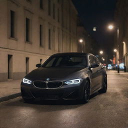 A sleek BMW in the sophisticated color of Dark Ormon, parked on an empty city street under the soft glow of street lamps.