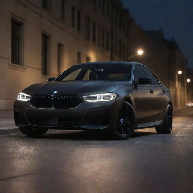 A sleek BMW in the sophisticated color of Dark Ormon, parked on an empty city street under the soft glow of street lamps.