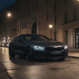 A sleek BMW in the sophisticated color of Dark Ormon, parked on an empty city street under the soft glow of street lamps.