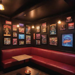 An invitingly cozy Quentin Tarantino-inspired coffee shop with 80s-themed posters, neon signs, plush sofas for ultimate comfort, and electric guitars mounted on walls.