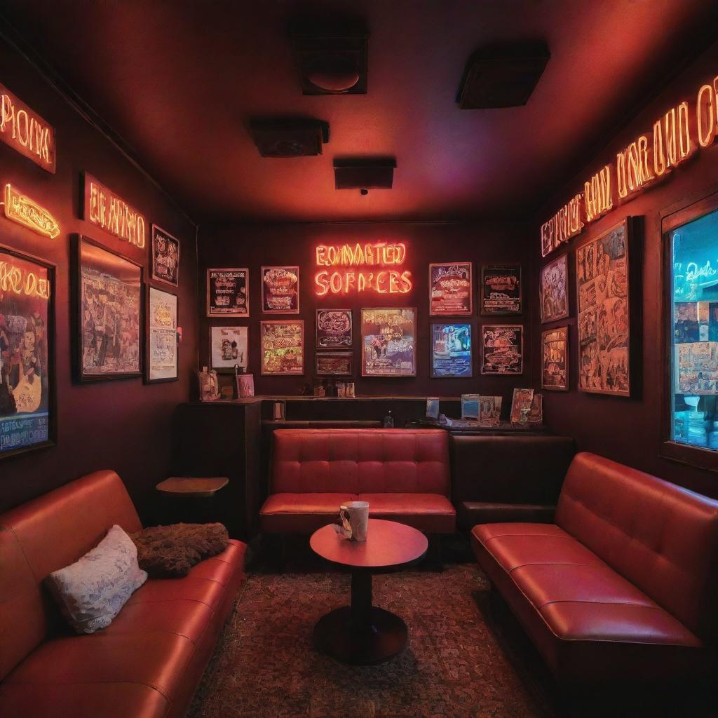 An invitingly cozy Quentin Tarantino-inspired coffee shop with 80s-themed posters, neon signs, plush sofas for ultimate comfort, and electric guitars mounted on walls.