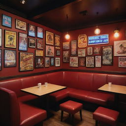 An invitingly cozy Quentin Tarantino-inspired coffee shop with 80s-themed posters, neon signs, plush sofas for ultimate comfort, and electric guitars mounted on walls.