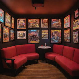 An invitingly cozy Quentin Tarantino-inspired coffee shop with 80s-themed posters, neon signs, plush sofas for ultimate comfort, and electric guitars mounted on walls.