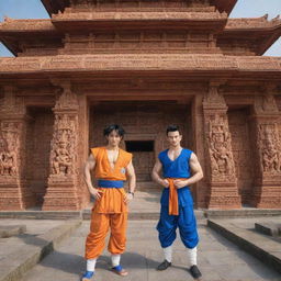 Anime characters Goku and Vegeta standing in the premises of the Ram Mandir, with intricate carvings and traditional architecture in the background.