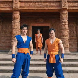 Anime characters Goku and Vegeta standing in the premises of the Ram Mandir, with intricate carvings and traditional architecture in the background.