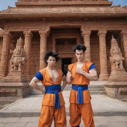 Anime characters Goku and Vegeta standing in the premises of the Ram Mandir, with intricate carvings and traditional architecture in the background.