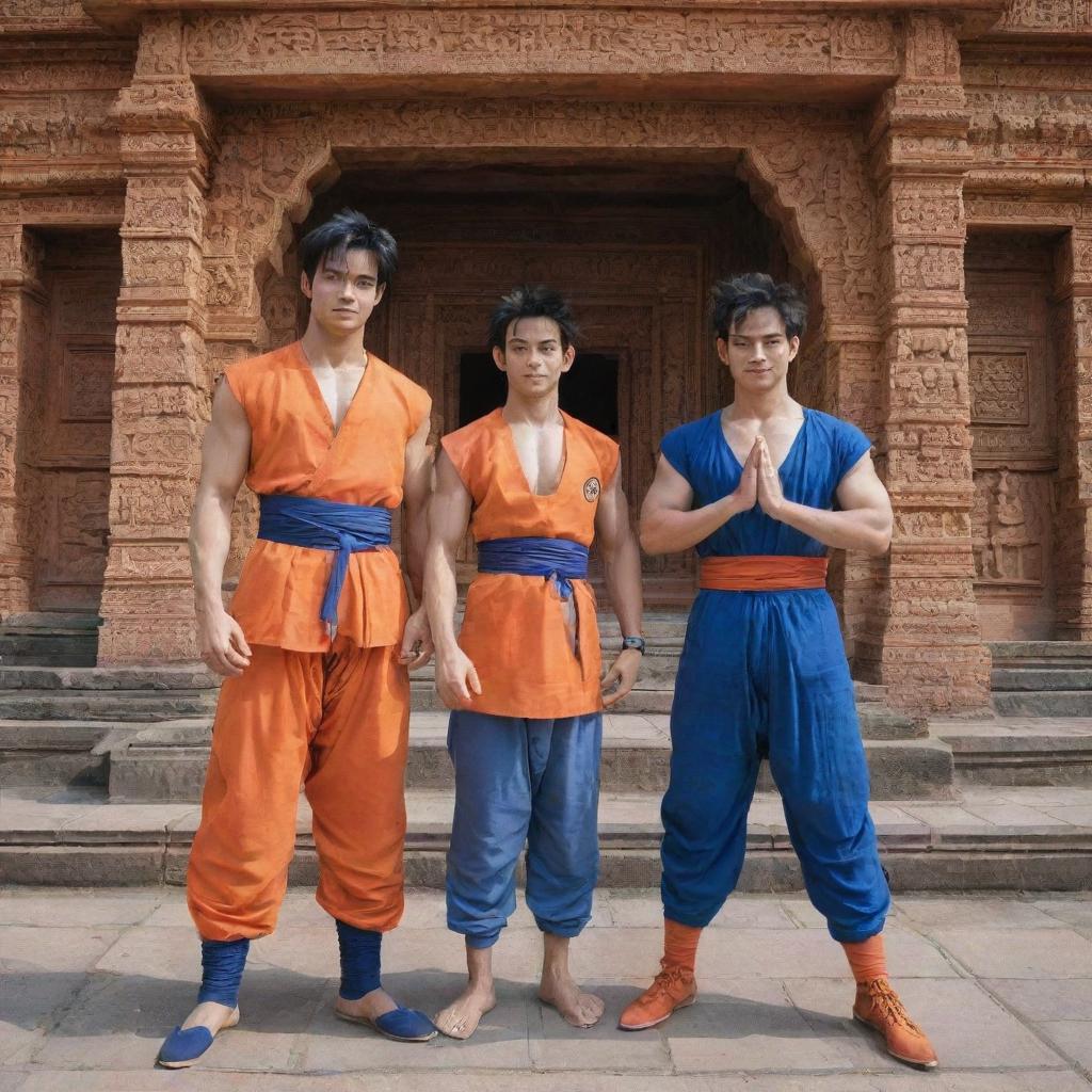 Anime characters Goku and Vegeta standing in the premises of the Ram Mandir, with intricate carvings and traditional architecture in the background.