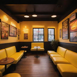 An ultra-cozy Quentin Tarantino-inspired coffee shop with 80s-themed posters. Design elements include glowing neon signs, comfortable sofas, electric guitars on the wall, a vibrant yellow theme, and ample glass windows for natural sunlight.