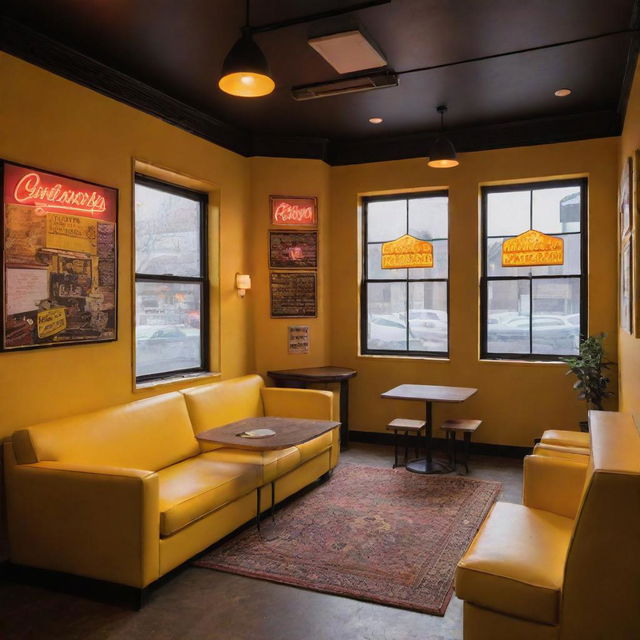 An ultra-cozy Quentin Tarantino-inspired coffee shop with 80s-themed posters. Design elements include glowing neon signs, comfortable sofas, electric guitars on the wall, a vibrant yellow theme, and ample glass windows for natural sunlight.