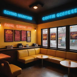 An ultra-cozy Quentin Tarantino-inspired coffee shop with 80s-themed posters. Design elements include glowing neon signs, comfortable sofas, electric guitars on the wall, a vibrant yellow theme, and ample glass windows for natural sunlight.