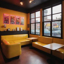 An ultra-cozy Quentin Tarantino-inspired coffee shop with 80s-themed posters. Design elements include glowing neon signs, comfortable sofas, electric guitars on the wall, a vibrant yellow theme, and ample glass windows for natural sunlight.