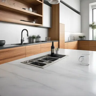 The modern kitchen design includes a built-in bottle opener for easy access to opening bottles.
