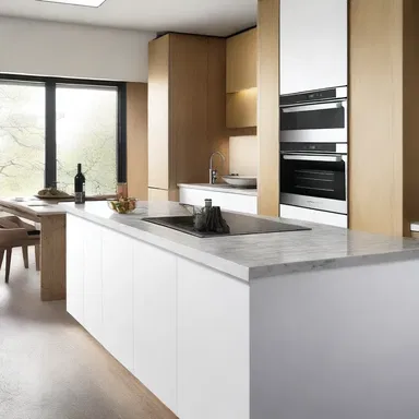 The modern kitchen design includes a built-in bottle opener for easy access to opening bottles.