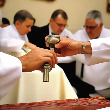 During the sacrament of communion, the priest used a bottle opener to open the wine bottle.