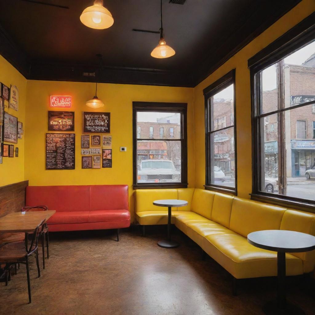 A vibrant Quentin Tarantino-inspired coffee shop bustling with coziness featuring neon signs, comfy sofas, wall-mounted electric guitars, a captivating yellow theme, ample glass windows for sunlight, and liberally adorned with pop-culture antiques.