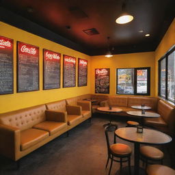 A vibrant Quentin Tarantino-inspired coffee shop bustling with coziness featuring neon signs, comfy sofas, wall-mounted electric guitars, a captivating yellow theme, ample glass windows for sunlight, and liberally adorned with pop-culture antiques.