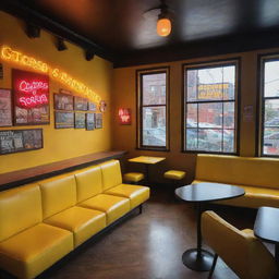 A vibrant Quentin Tarantino-inspired coffee shop bustling with coziness featuring neon signs, comfy sofas, wall-mounted electric guitars, a captivating yellow theme, ample glass windows for sunlight, and liberally adorned with pop-culture antiques.