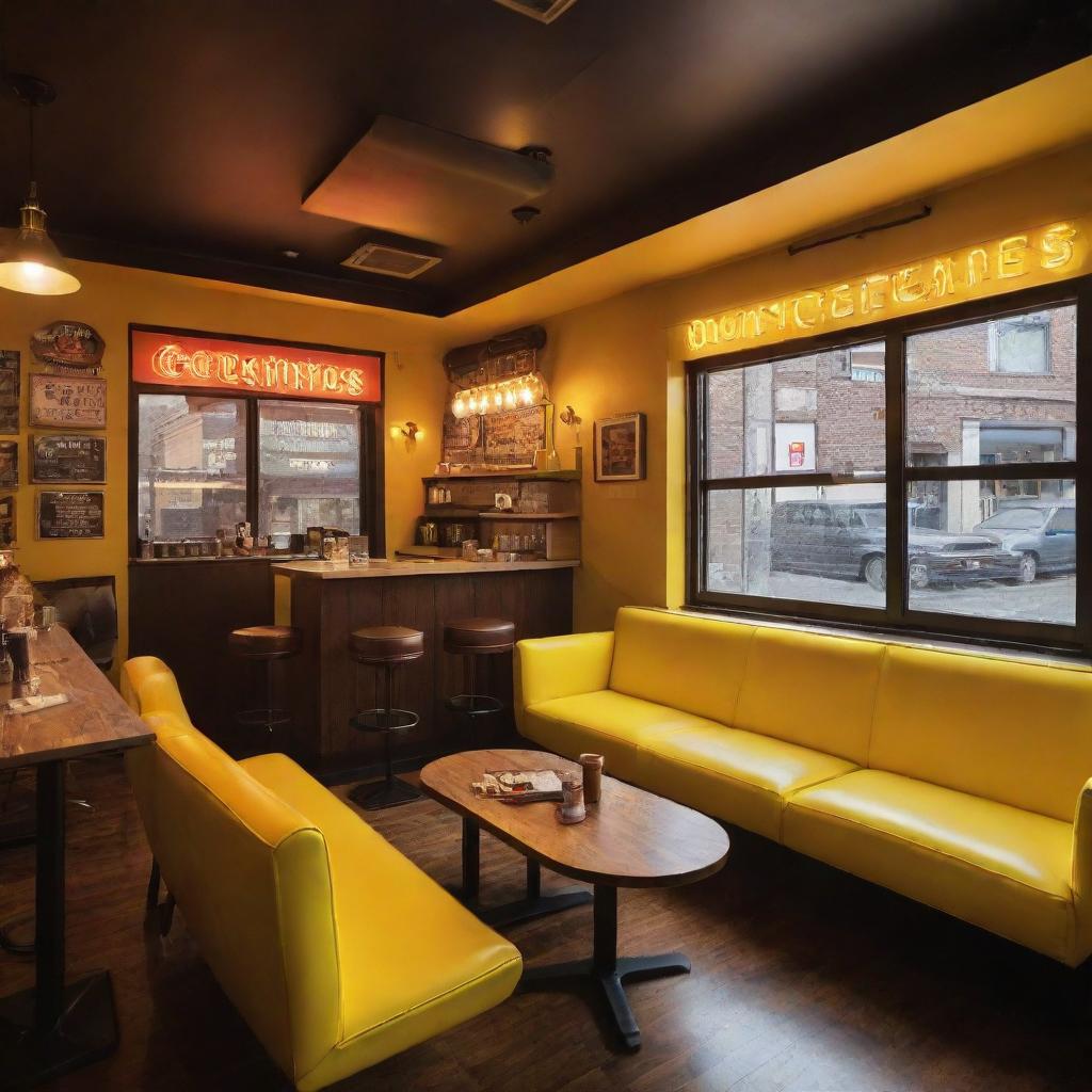 A vibrant Quentin Tarantino-inspired coffee shop bustling with coziness featuring neon signs, comfy sofas, wall-mounted electric guitars, a captivating yellow theme, ample glass windows for sunlight, and liberally adorned with pop-culture antiques.