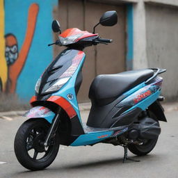 A detailed image of a TVS Ntorq 125 Scooty, displayed prominently in bright, hip-hop-inspired colors and street art style decals.