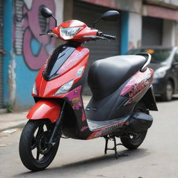 A detailed image of a TVS Ntorq 125 Scooty, displayed prominently in bright, hip-hop-inspired colors and street art style decals.