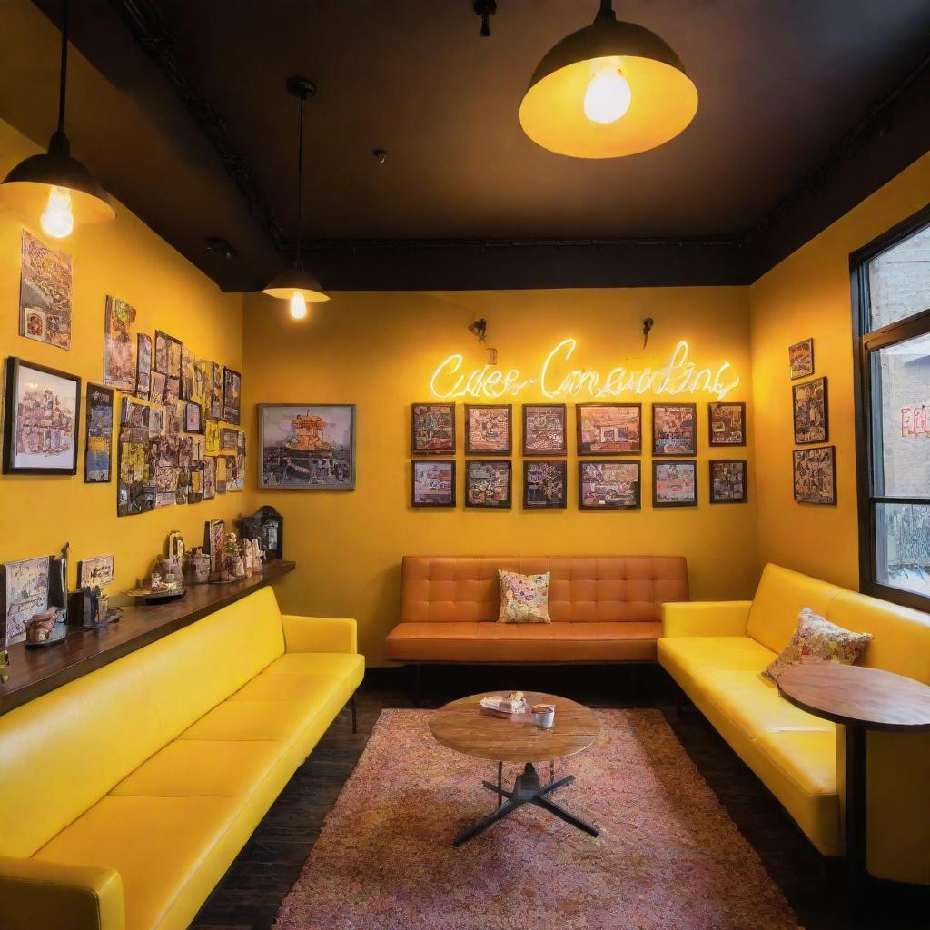 A vivaciously snug Quentin Tarantino-inspired coffee shop with neon signs, soft sofas, wall-mounted electric guitars, and a striking yellow theme. The space is enhanced with abundant sunlight, filled with pop-culture antiques, and hidden easter eggs from famous TV series.