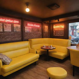 A vivaciously snug Quentin Tarantino-inspired coffee shop with neon signs, soft sofas, wall-mounted electric guitars, and a striking yellow theme. The space is enhanced with abundant sunlight, filled with pop-culture antiques, and hidden easter eggs from famous TV series.