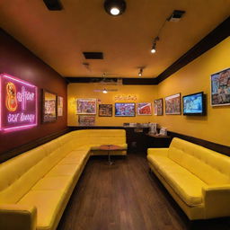 A vivaciously snug Quentin Tarantino-inspired coffee shop with neon signs, soft sofas, wall-mounted electric guitars, and a striking yellow theme. The space is enhanced with abundant sunlight, filled with pop-culture antiques, and hidden easter eggs from famous TV series.