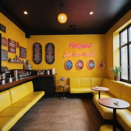 A vivaciously snug Quentin Tarantino-inspired coffee shop with neon signs, soft sofas, wall-mounted electric guitars, and a striking yellow theme. The space is enhanced with abundant sunlight, filled with pop-culture antiques, and hidden easter eggs from famous TV series.