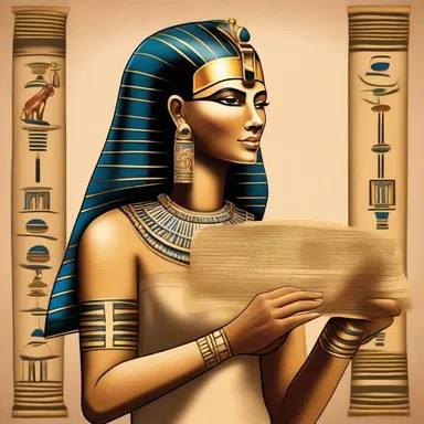 The artist created a beautiful painting depicting an Egyptian queen holding a papyrus scroll, symbolizing knowledge and wisdom.