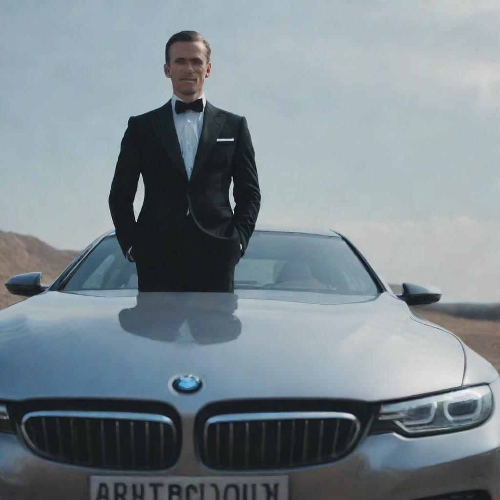 A dapper gentleman standing beside a sleek, shiny BMW under a clear sky.