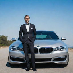 A dapper gentleman standing beside a sleek, shiny BMW under a clear sky.