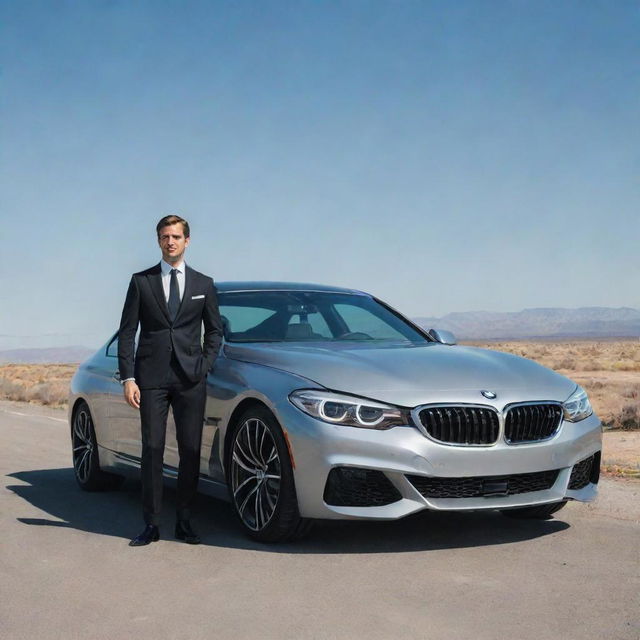 A dapper gentleman standing beside a sleek, shiny BMW under a clear sky.