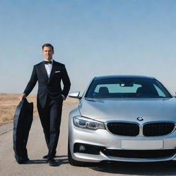 A dapper gentleman standing beside a sleek, shiny BMW under a clear sky.