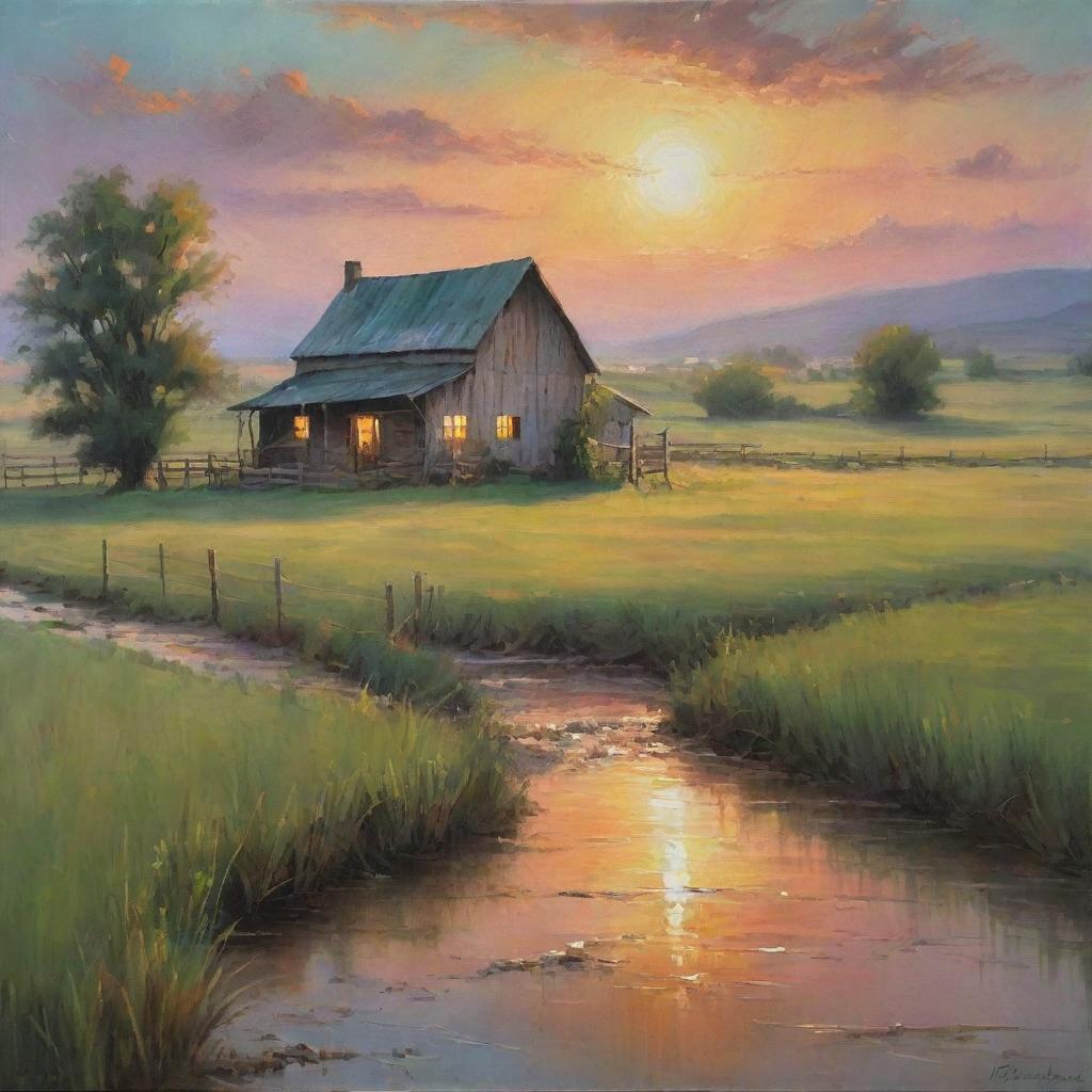 Sunset on Country Stream Oil Painting sale