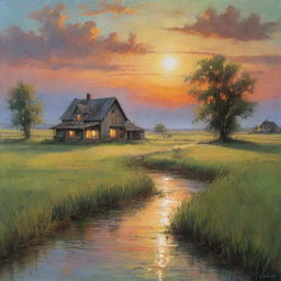 A beautiful landscape painting with a figurative aesthetic. The painting depicts a serene country farmstead nestled amidst lush green prairies with a crystal-clear stream flowing by and a spectacular sunset in the backdrop.