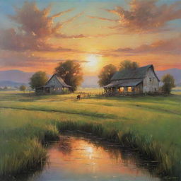 A beautiful landscape painting with a figurative aesthetic. The painting depicts a serene country farmstead nestled amidst lush green prairies with a crystal-clear stream flowing by and a spectacular sunset in the backdrop.