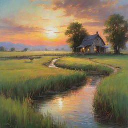 A beautiful landscape painting with a figurative aesthetic. The painting depicts a serene country farmstead nestled amidst lush green prairies with a crystal-clear stream flowing by and a spectacular sunset in the backdrop.