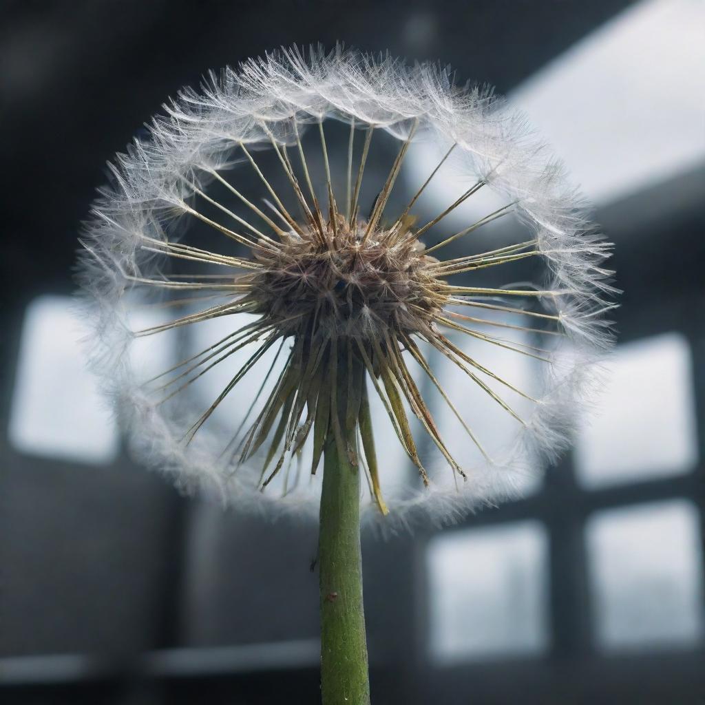 An elaborately detailed dandelion standing poignantly against a futuristic dystopian backdrop with increased resolution and high-quality rendering