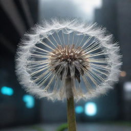 An elaborately detailed dandelion standing poignantly against a futuristic dystopian backdrop with increased resolution and high-quality rendering