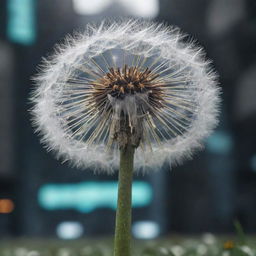 An elaborately detailed dandelion standing poignantly against a futuristic dystopian backdrop with increased resolution and high-quality rendering