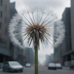 An elaborately detailed dandelion standing poignantly against a futuristic dystopian backdrop with increased resolution and high-quality rendering