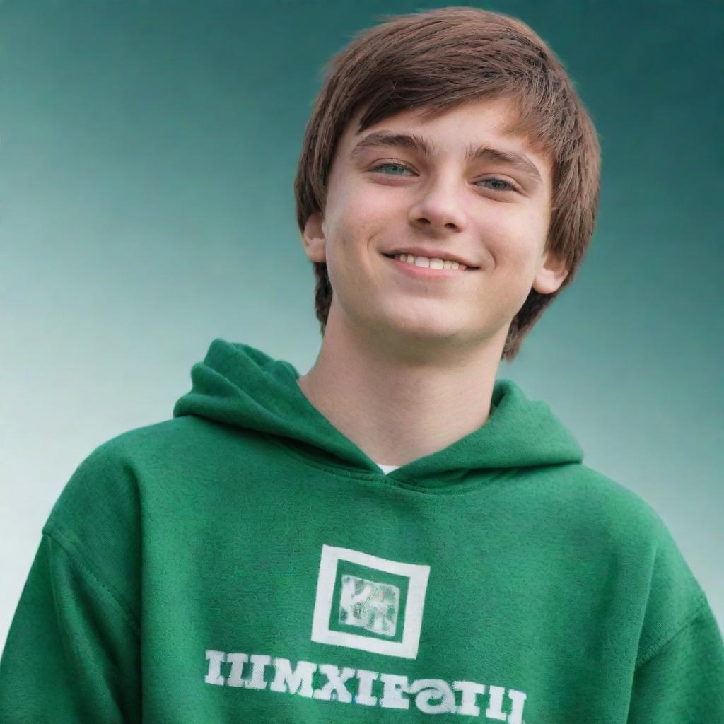 Generate a 3D illusionish profile picture. That of a 16-year-old boy with green eyes and brown hair. He is in a green, white, and black hoodie with the text 'MATIN'. He is smiling, looking upwards towards the beautiful sky, standing on an image of a mobile phone.