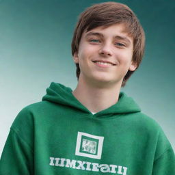 Generate a 3D illusionish profile picture. That of a 16-year-old boy with green eyes and brown hair. He is in a green, white, and black hoodie with the text 'MATIN'. He is smiling, looking upwards towards the beautiful sky, standing on an image of a mobile phone.