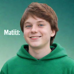 Generate a 3D illusionish profile picture. That of a 16-year-old boy with green eyes and brown hair. He is in a green, white, and black hoodie with the text 'MATIN'. He is smiling, looking upwards towards the beautiful sky, standing on an image of a mobile phone.