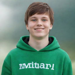 Generate a 3D illusionish profile picture. That of a 16-year-old boy with green eyes and brown hair. He is in a green, white, and black hoodie with the text 'MATIN'. He is smiling, looking upwards towards the beautiful sky, standing on an image of a mobile phone.