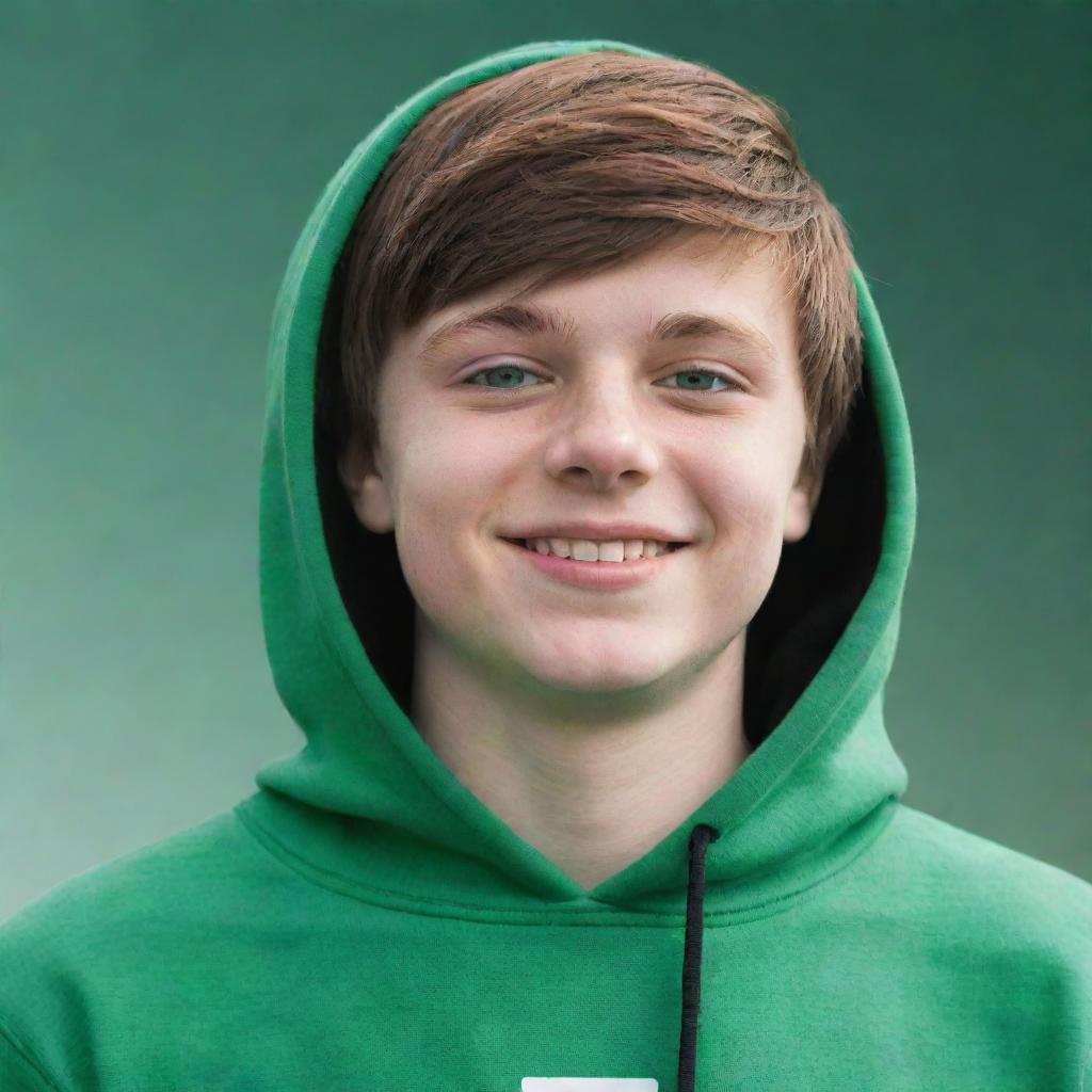 Generate a 3D illusionish profile picture. That of a 16-year-old boy with green eyes and brown hair. He is in a green, white, and black hoodie with the text 'MATIN'. He is smiling, looking upwards towards the beautiful sky, standing on an image of a mobile phone.